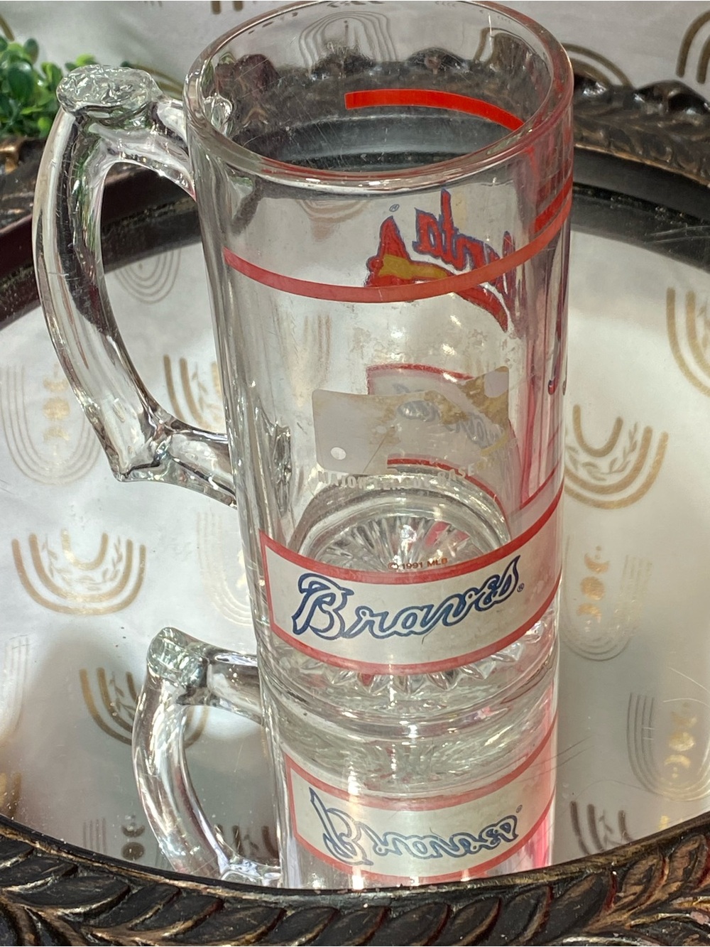 Vintage Braves Clear Glass Beer Mug with Red Accents